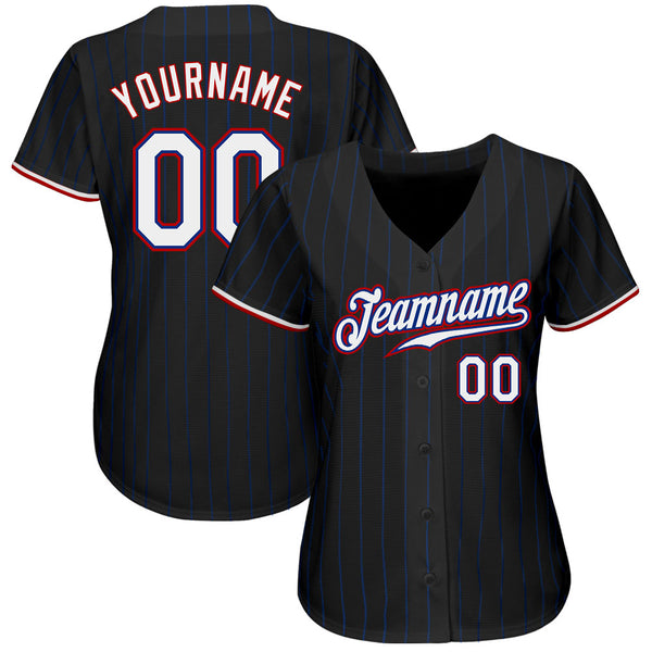 Custom Black Royal Pinstripe White-Red Authentic Baseball Jersey