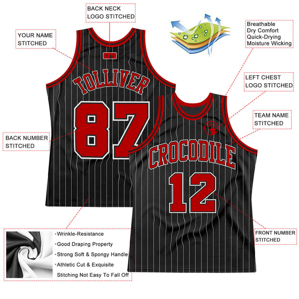 Custom Black White Pinstripe Red-White Authentic Basketball Jersey