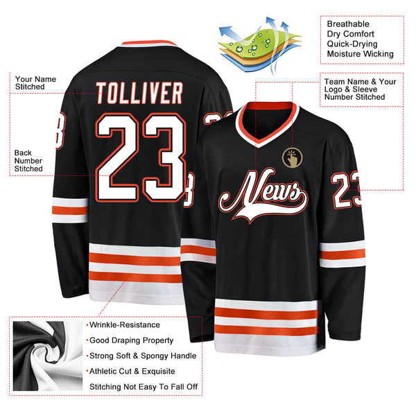 Custom Black White-Orange Hockey Jersey