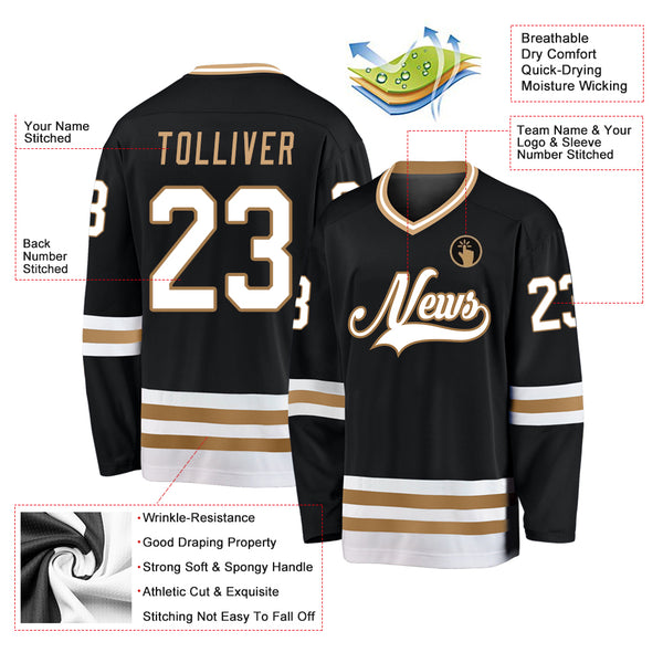 Custom Black White-Old Gold Hockey Jersey