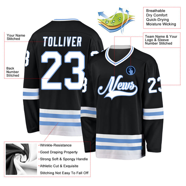 Custom Black White-Light Blue Hockey Jersey