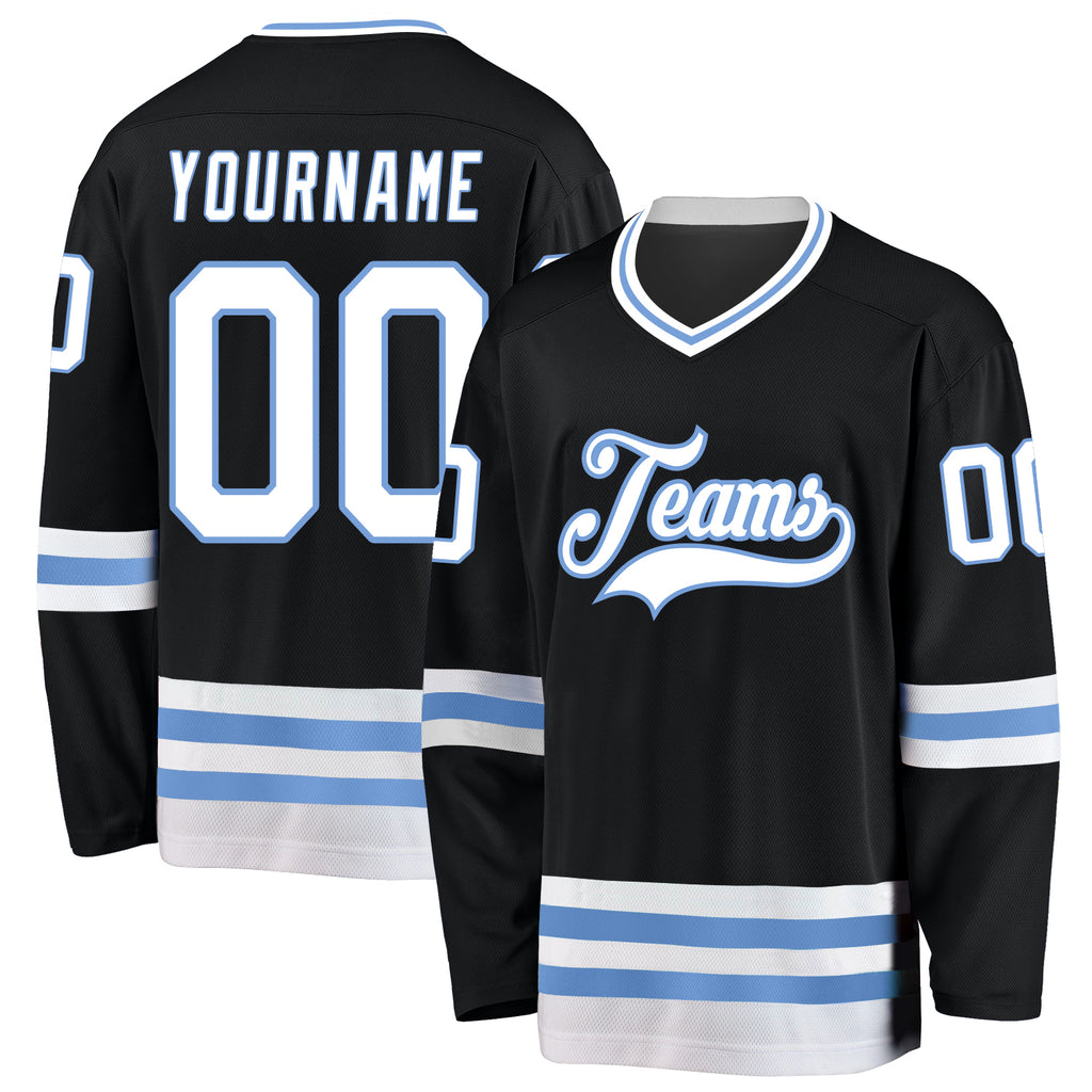 Custom Black White-Light Blue Hockey Jersey