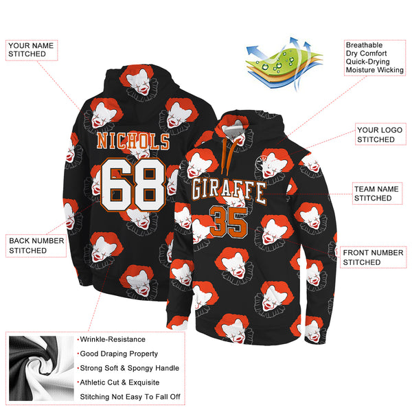 Custom Stitched Black White-Orange 3D Pattern Design Clown Sports Pullover Sweatshirt Hoodie