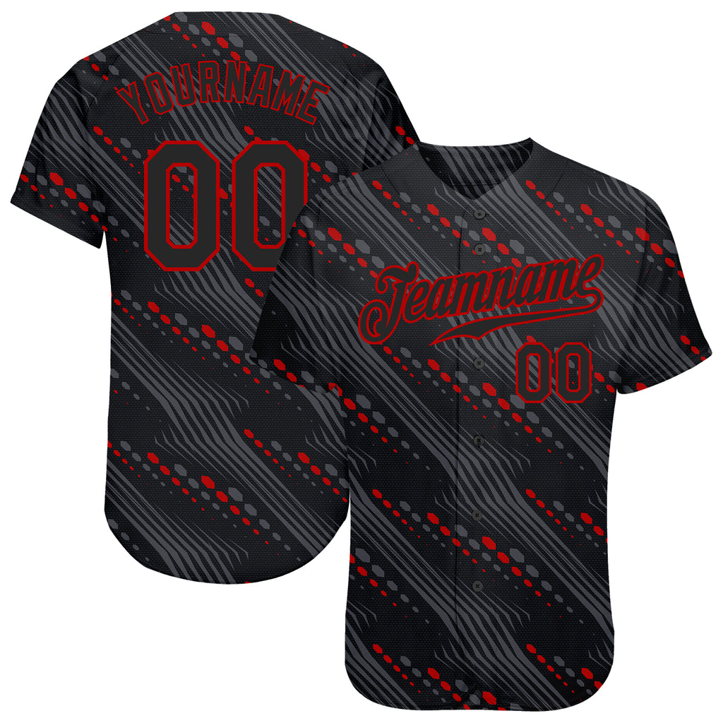 Custom Black Black-Red 3D Pattern Design Authentic Baseball Jersey