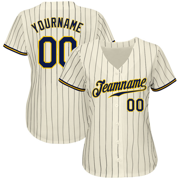 Custom Cream Navy Pinstripe Navy-Gold Authentic Baseball Jersey