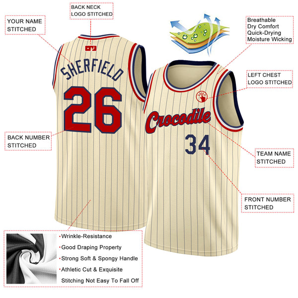 Custom Cream Navy Pinstripe Red-Black Authentic Basketball Jersey