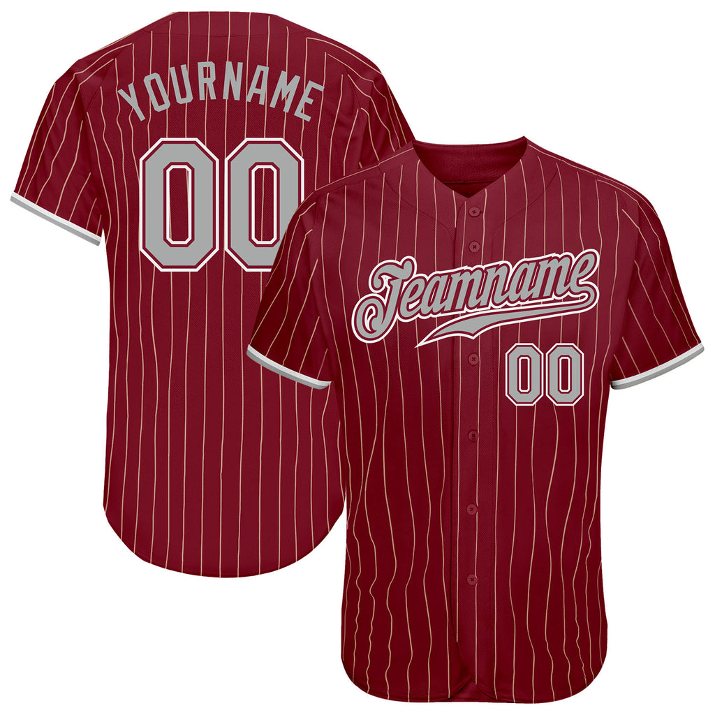 Custom Crimson Cream Pinstripe Gray-White Authentic Baseball Jersey