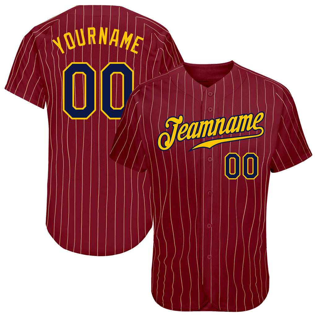 Custom Crimson Cream Pinstripe Navy-Gold Authentic Baseball Jersey