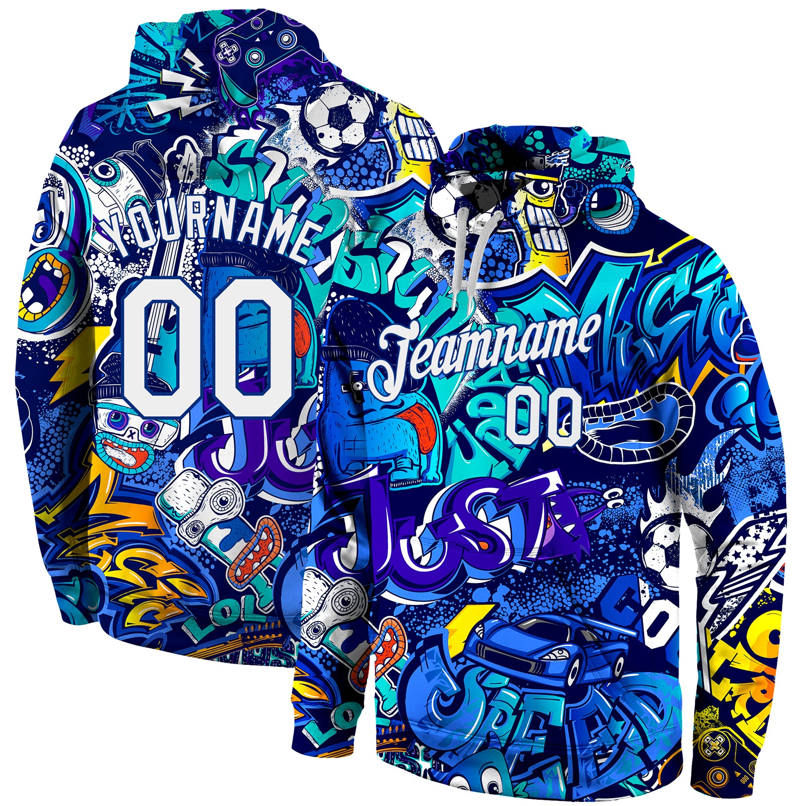 Custom Stitched Graffiti Pattern White-Royal 3D Sports Pullover