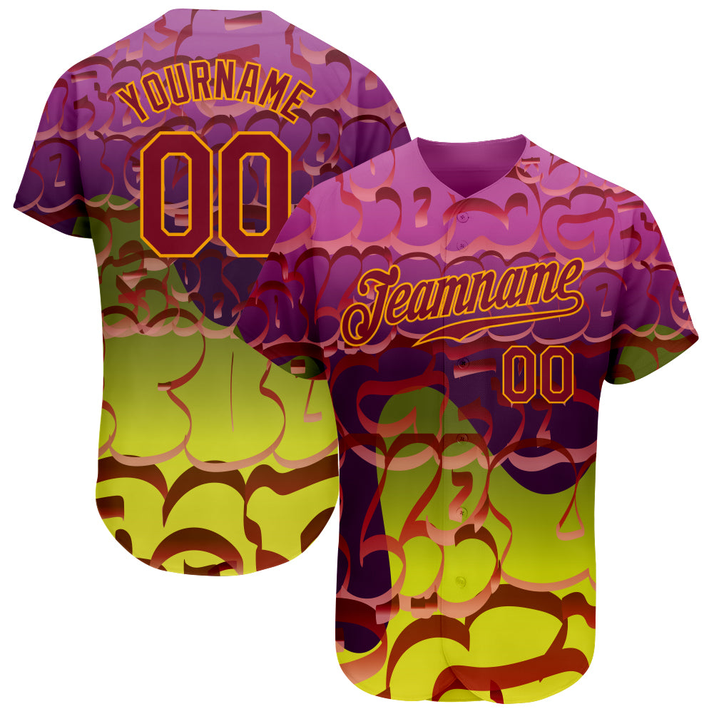 Custom Graffiti Pattern Crimson-Gold 3D Authentic Baseball Jersey