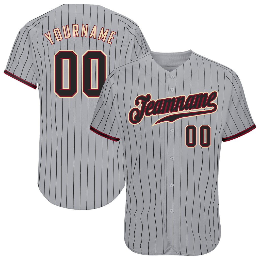 Custom Gray Black Pinstripe Black-Crimson Authentic Baseball Jersey