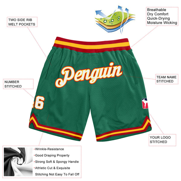 Custom Kelly Green White-Gold Authentic Throwback Basketball Shorts