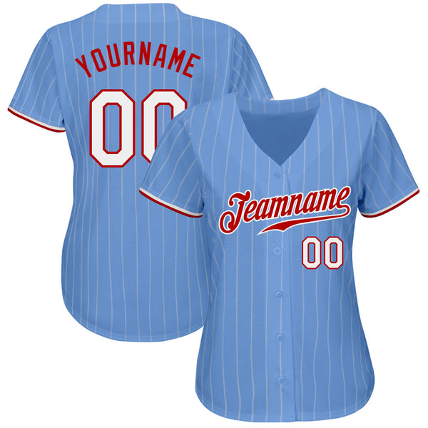 Custom Light Blue White Pinstripe White-Red Authentic Baseball Jersey