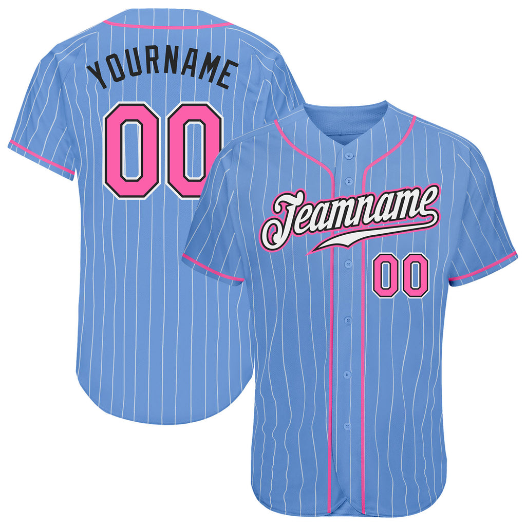 Custom Light Blue White Pinstripe Pink-Black Authentic Baseball Jersey