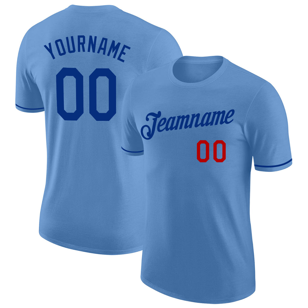 Custom Light Blue Royal-Red Performance T-Shirt