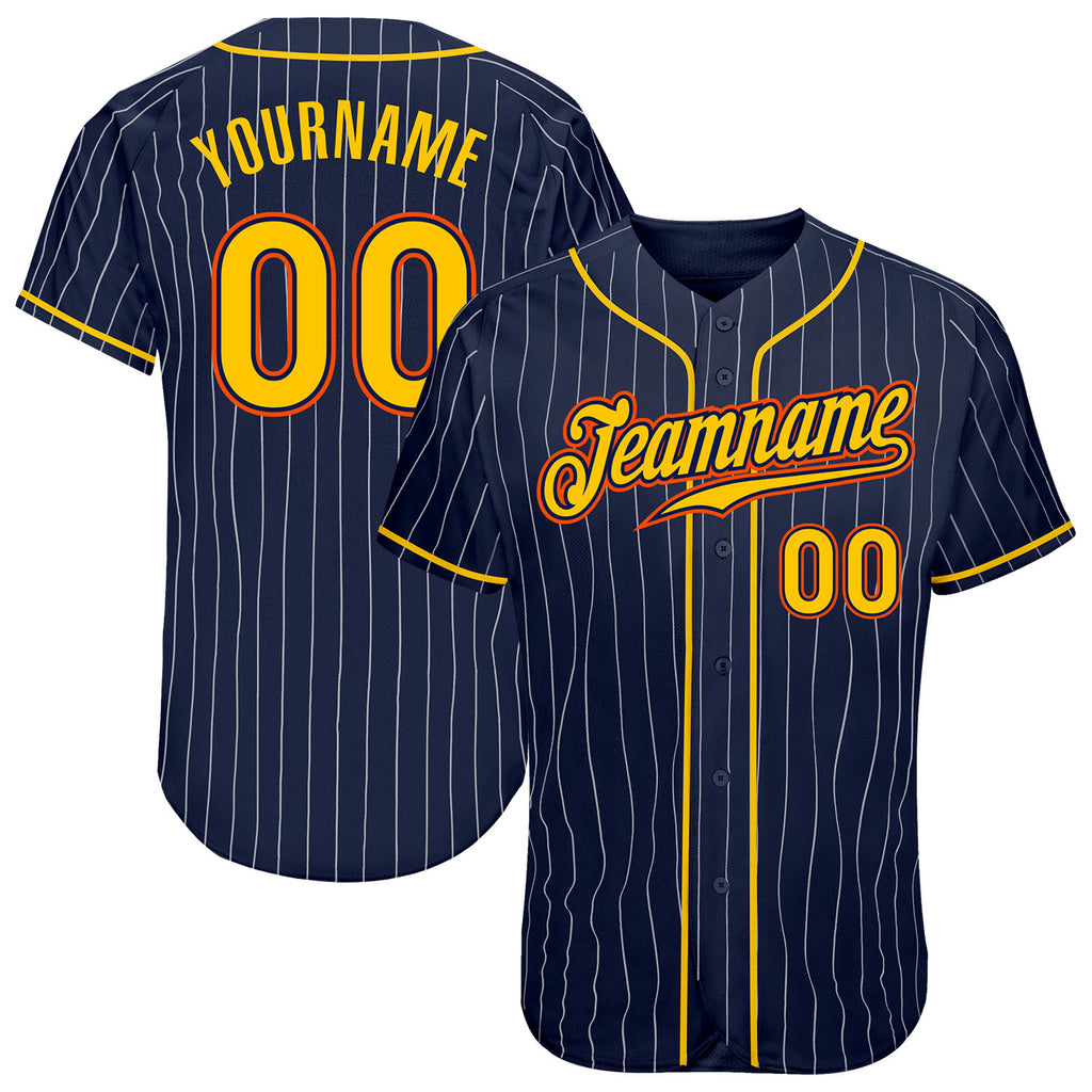 Custom Navy White Pinstripe Gold-Orange Authentic Baseball Jersey