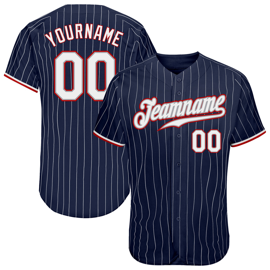 Custom Navy White Pinstripe White-Red Authentic Baseball Jersey