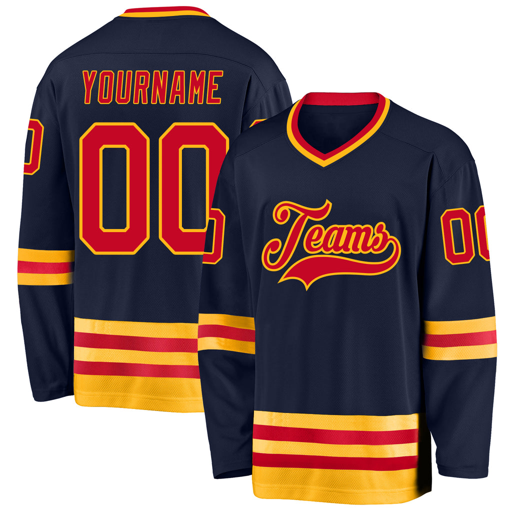 Custom Navy Red-Gold Hockey Jersey