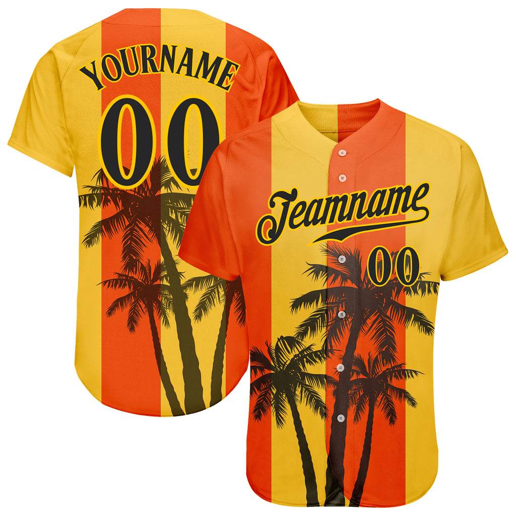 Custom Orange Black-Gold 3D Pattern Design Hawaii Coconut Trees Authentic Baseball Jersey