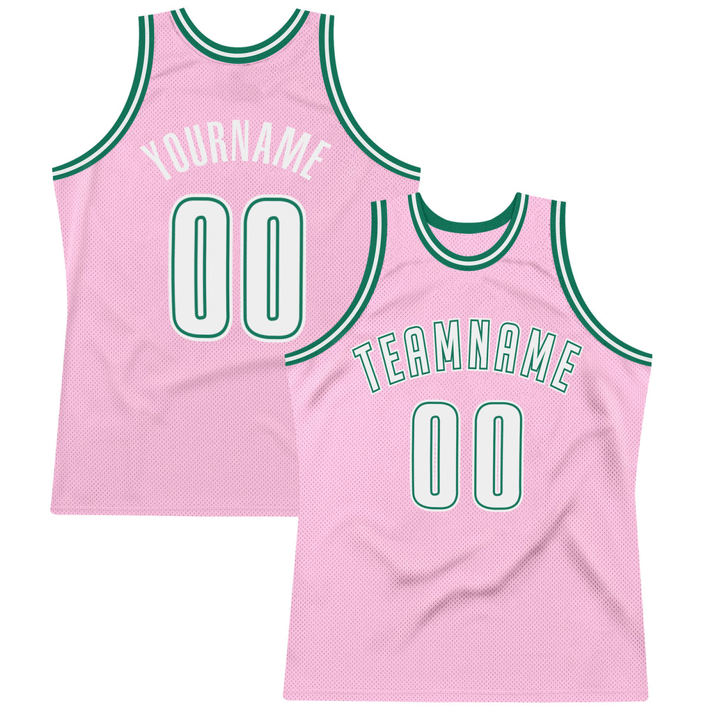 Custom Light Pink White-Kelly Green Authentic Throwback Basketball Jersey