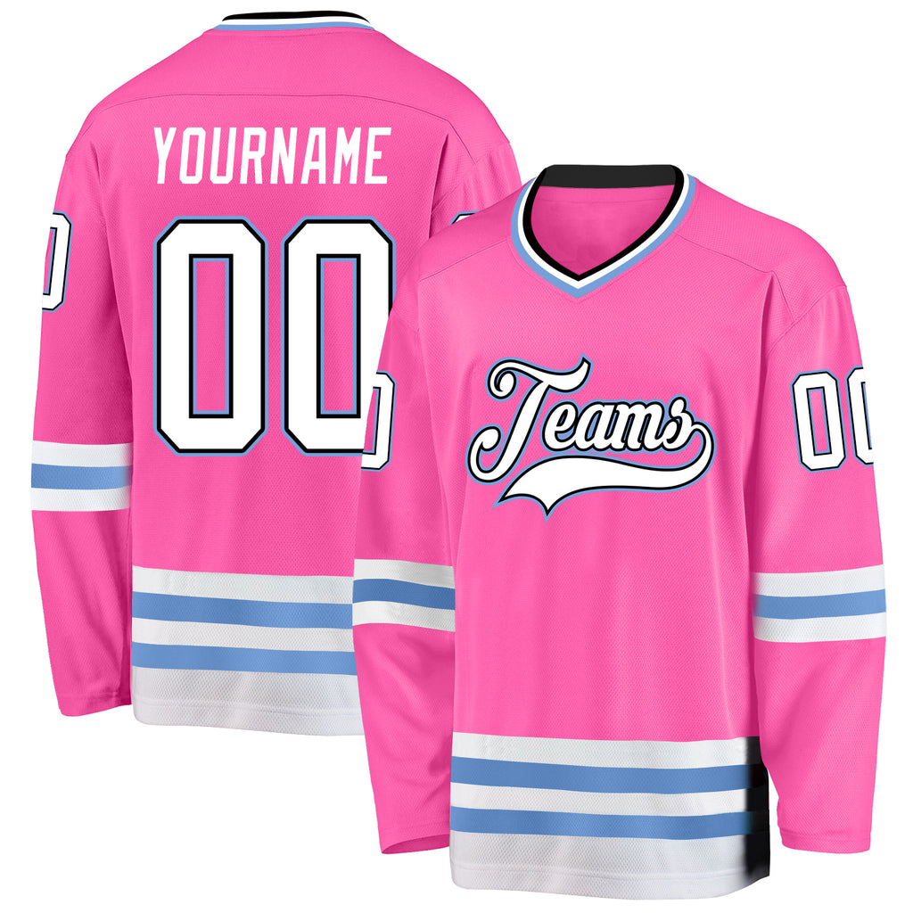 Custom Pink White-Light Blue Hockey Jersey