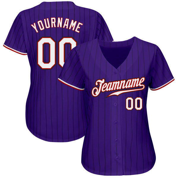 Custom Purple Black Pinstripe White-Red Authentic Baseball Jersey