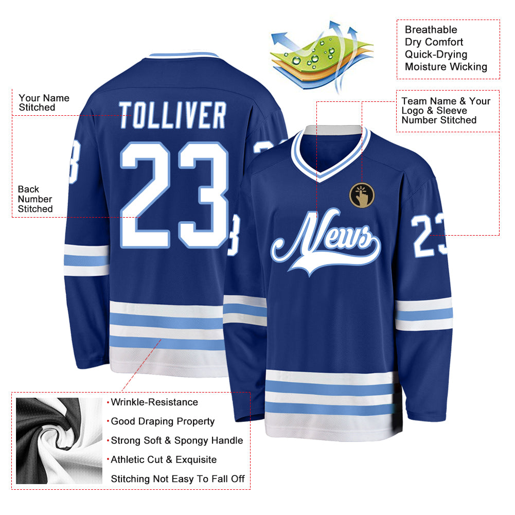 Custom Royal White-Light Blue Hockey Jersey - Personalized Name, Number,  Team Logo