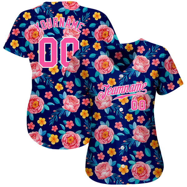 Custom Royal Pink-White 3D Pattern Design Flowers Authentic Baseball Jersey