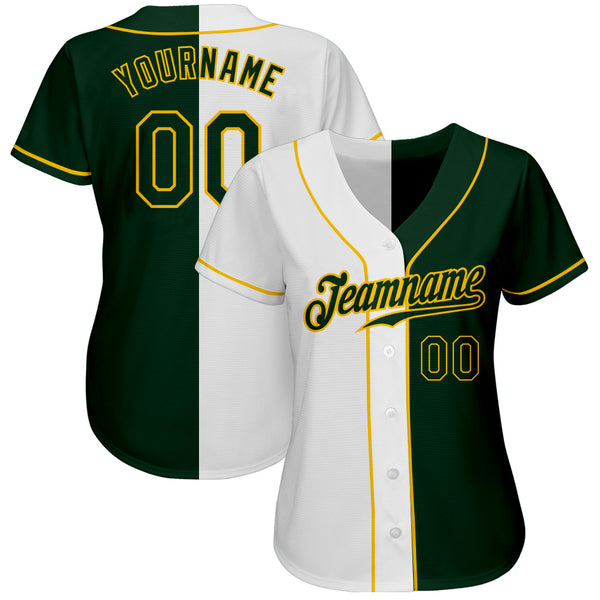 Custom White Green-Gold Authentic Split Fashion Baseball Jersey