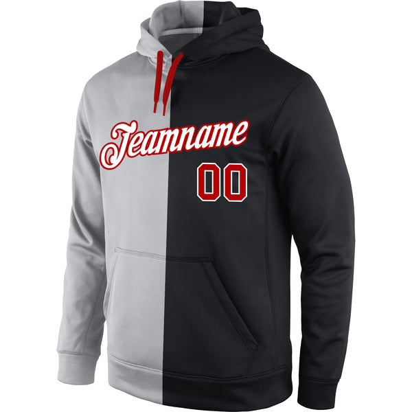 Custom Stitched Gray Red-Black Split Fashion Sports Pullover Sweatshirt Hoodie