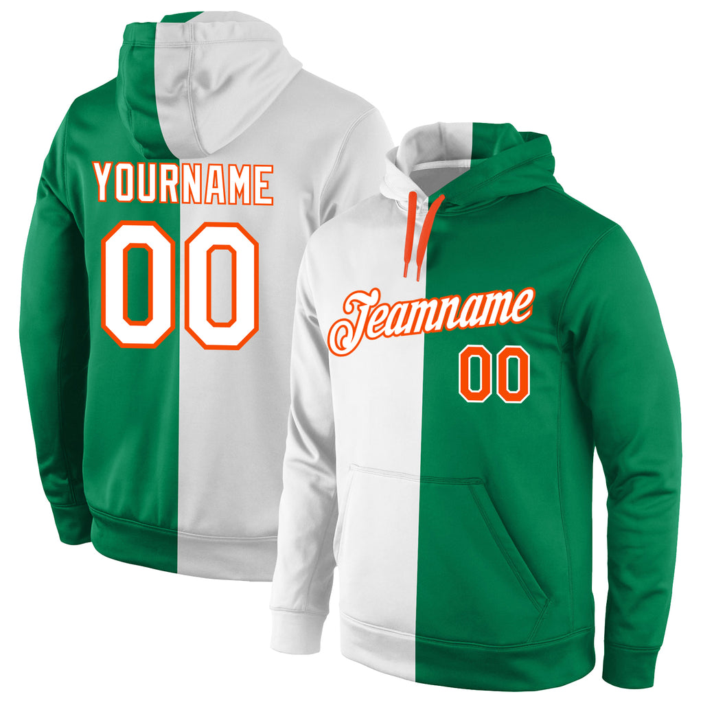 Custom Stitched Kelly Green White-Orange Split Fashion Sports Pullover Sweatshirt Hoodie