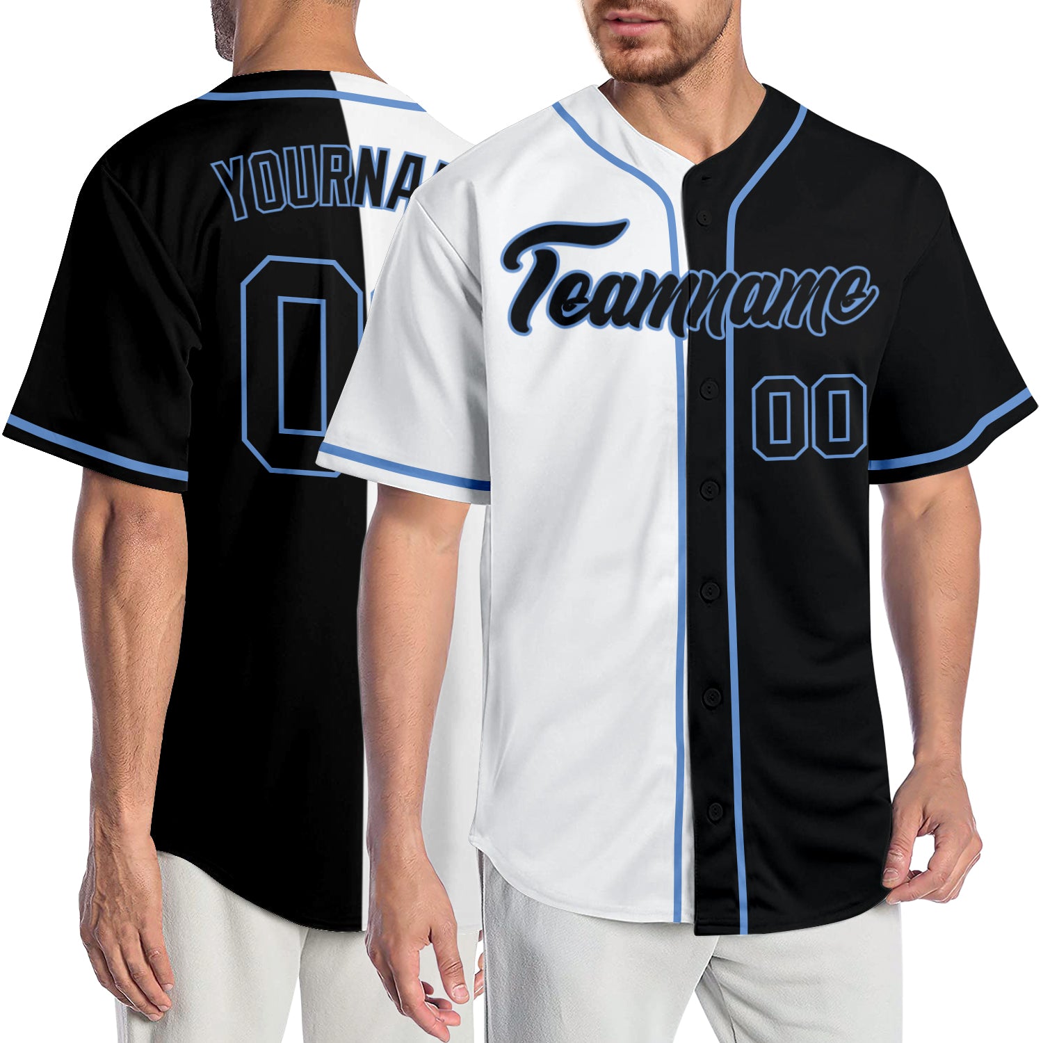 Custom White-Black Light Blue Authentic Split Fashion Baseball Jersey -  Personalized Name, Number, Team Logo