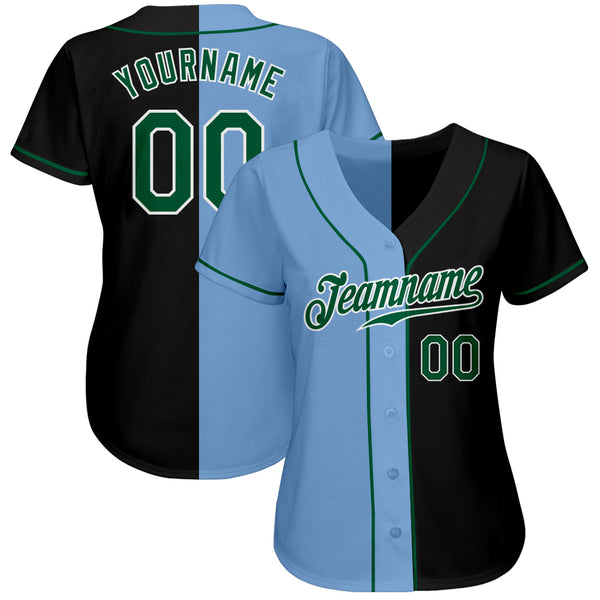 Custom Black Kelly Green-Light Blue Authentic Split Fashion Baseball Jersey