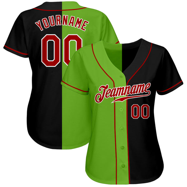 Custom Black Red-Neon Green Authentic Split Fashion Baseball Jersey