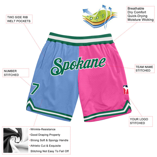 Custom Light Blue Kelly Green-Pink Authentic Throwback Split Fashion Basketball Shorts