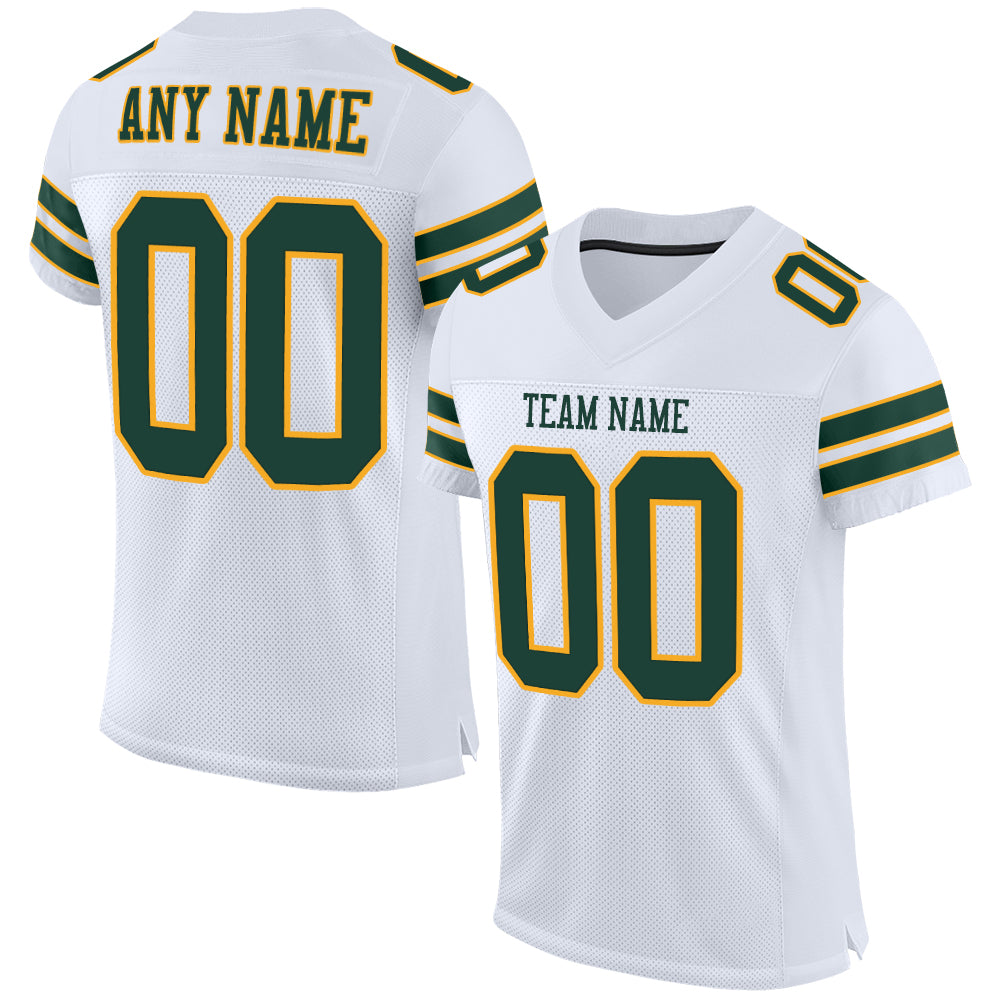 Custom White Green-Gold Mesh Authentic Football Jersey