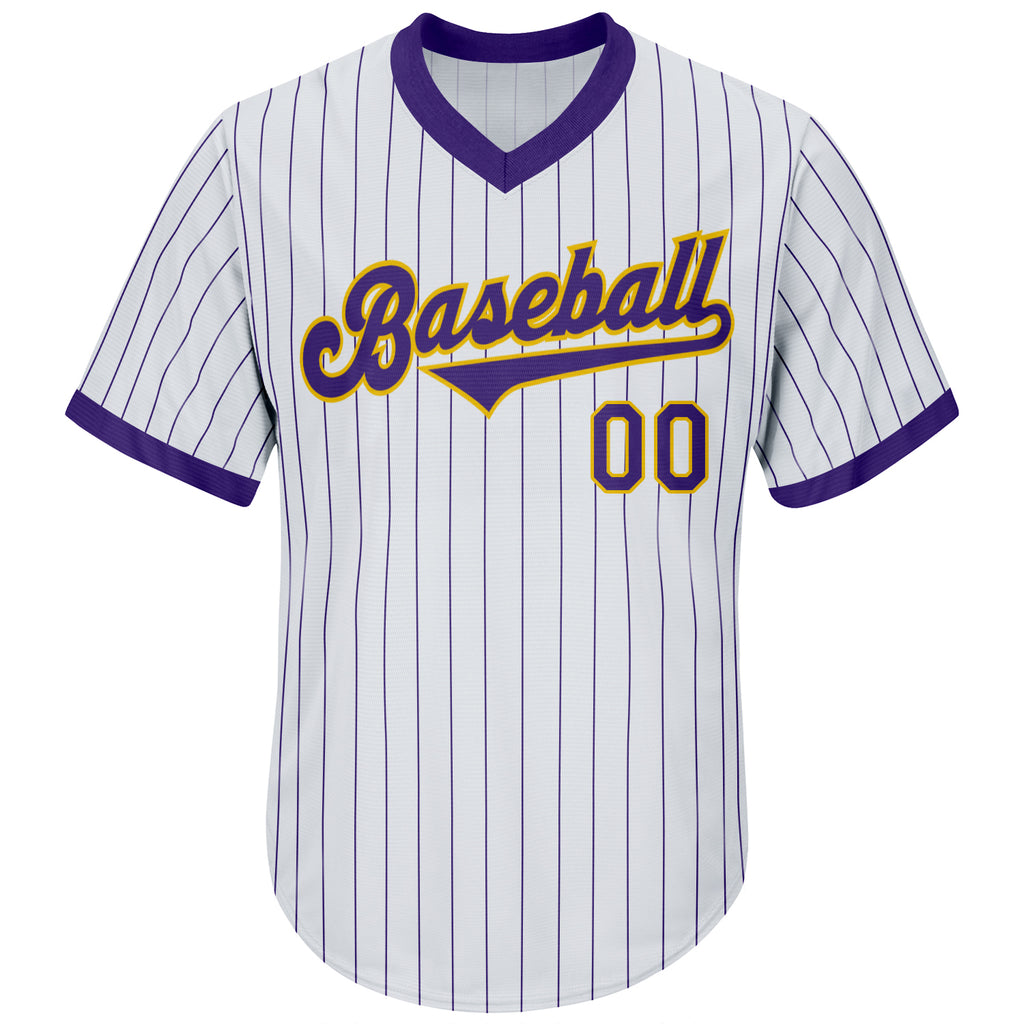 Custom Pinstripe Baseball Jersey White Purple Purple-Gold