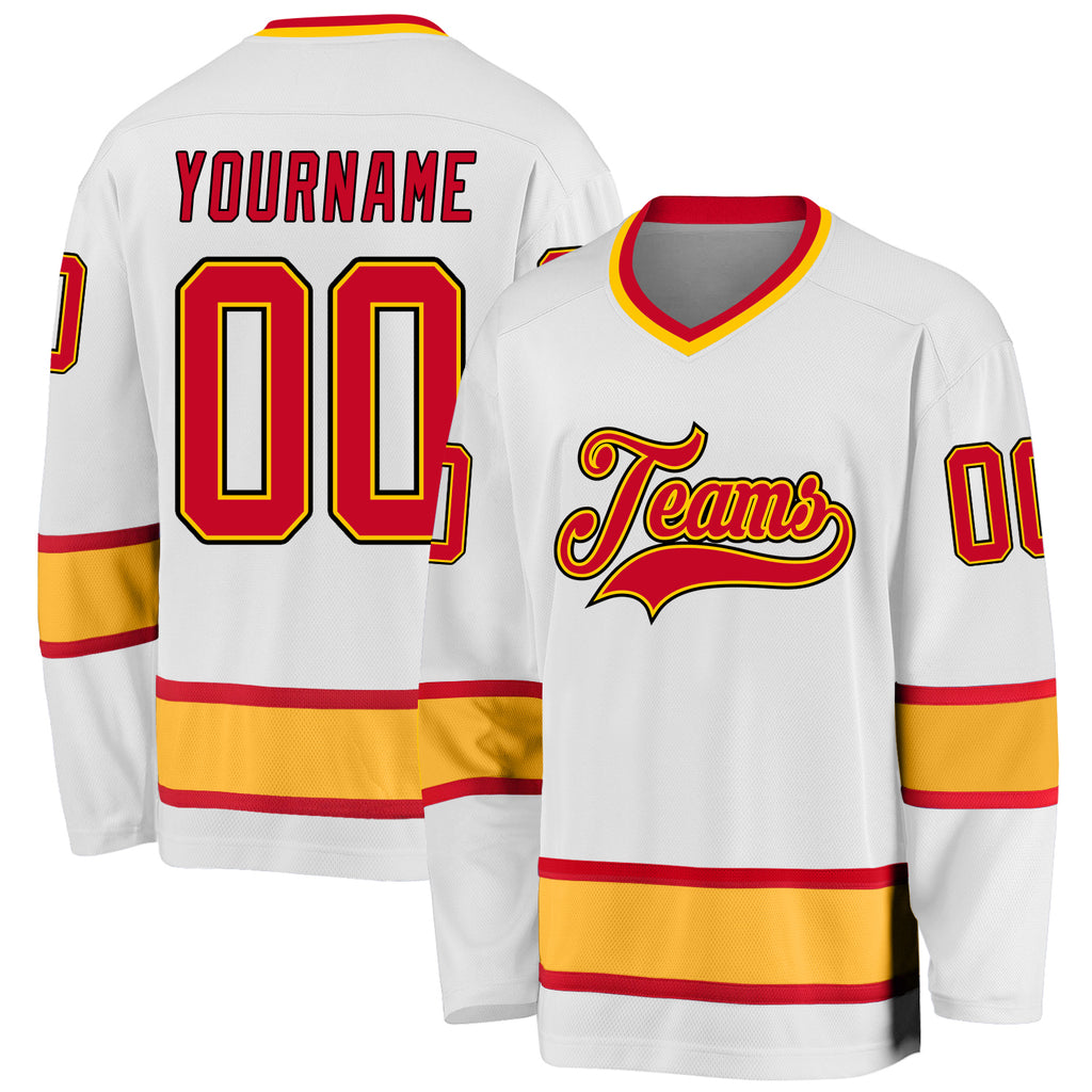 Custom White Red-Gold Hockey Jersey