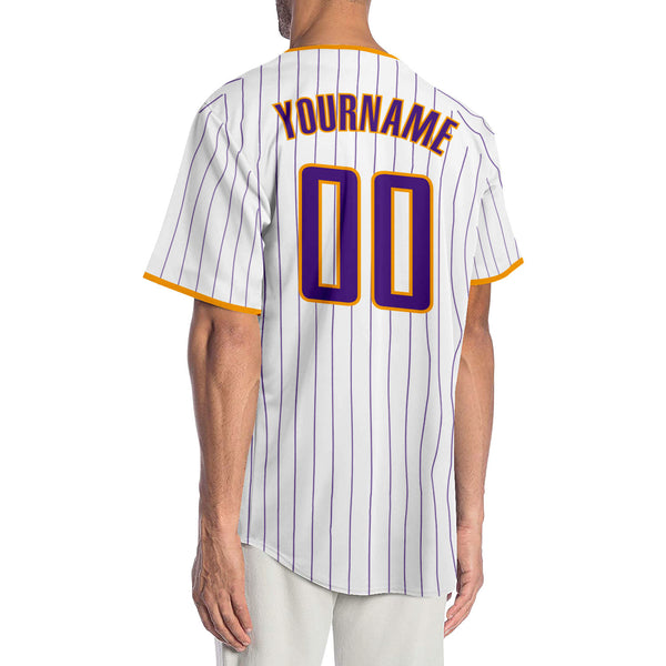 Custom White Purple Pinstripe Purple-Gold Authentic Baseball Jersey