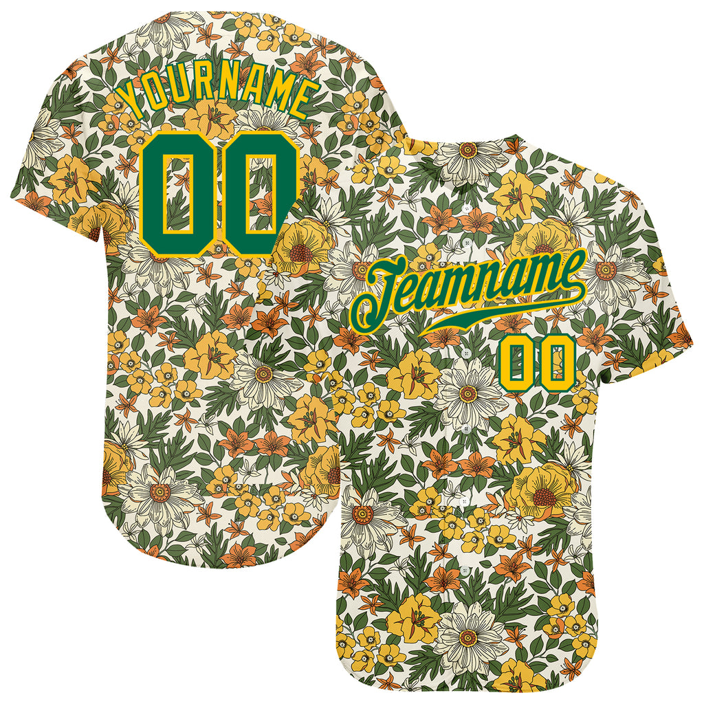 Custom White Kelly Green-Gold 3D Pattern Design Flowers Authentic Baseball Jersey